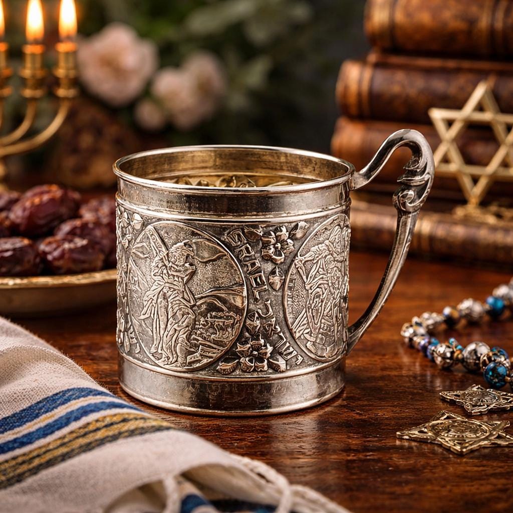 Vintage Jerusalem Silver Plate Cup Judaica – Israel Souvenir Mug Hebrew English Relief – Holy Land Figural Scene – Mid Century Jewish MC
