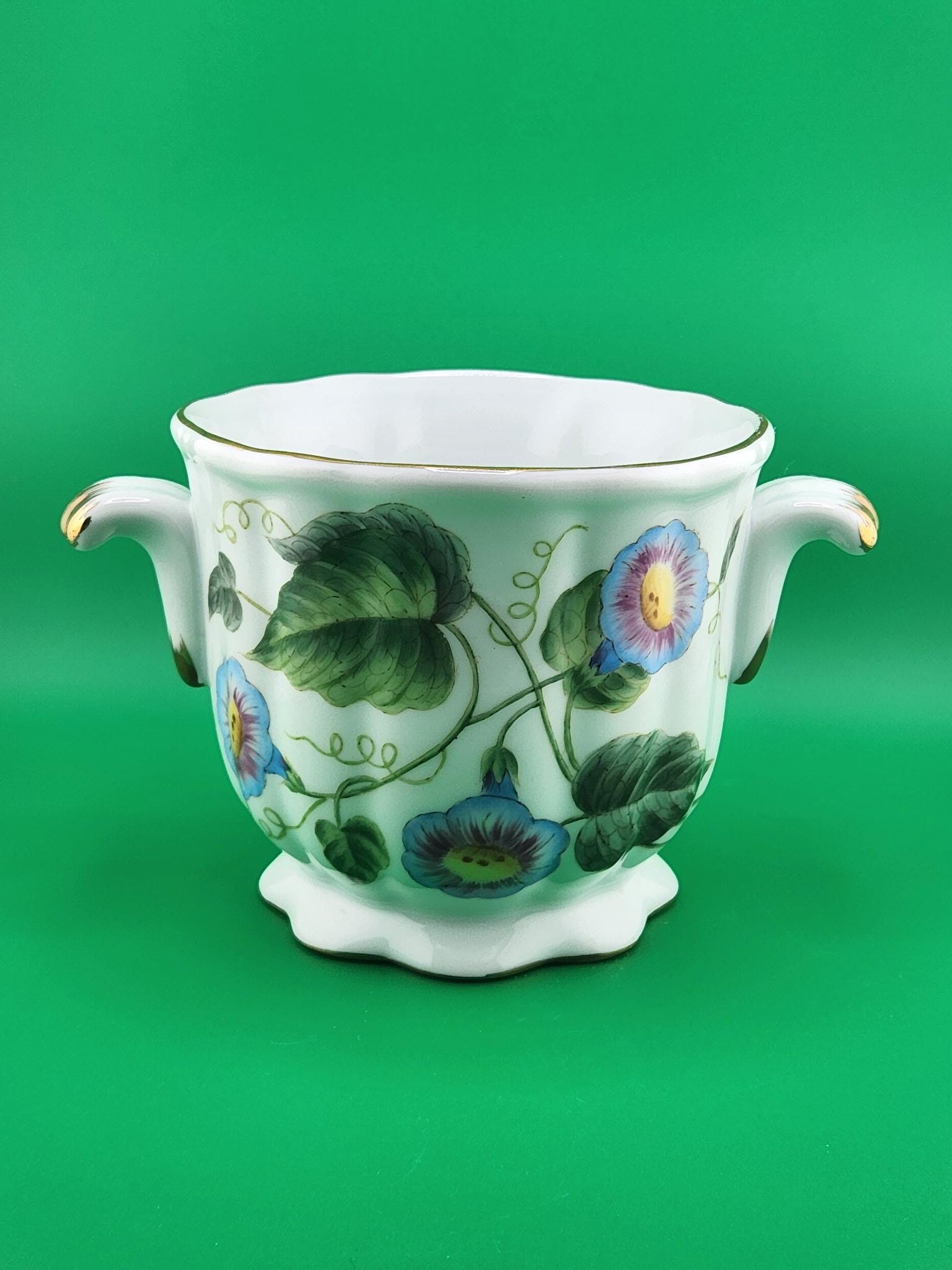 Vintage Hand-Painted Porcelain Cachepot Planters – Morning Glory Floral Motif, Gold Handles