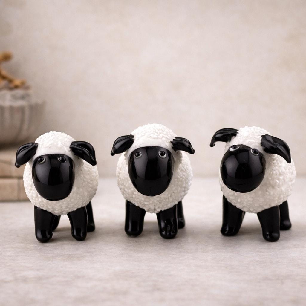 Vintage Hand Blown Glass Sheep Figurines Set of 3 | Black & White Art Glass Lambs | Farmhouse Cottage Decor