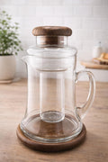 Vintage Mid Century Modern Glass Carafe with Teak Base Baker Hart and Stuart Barware