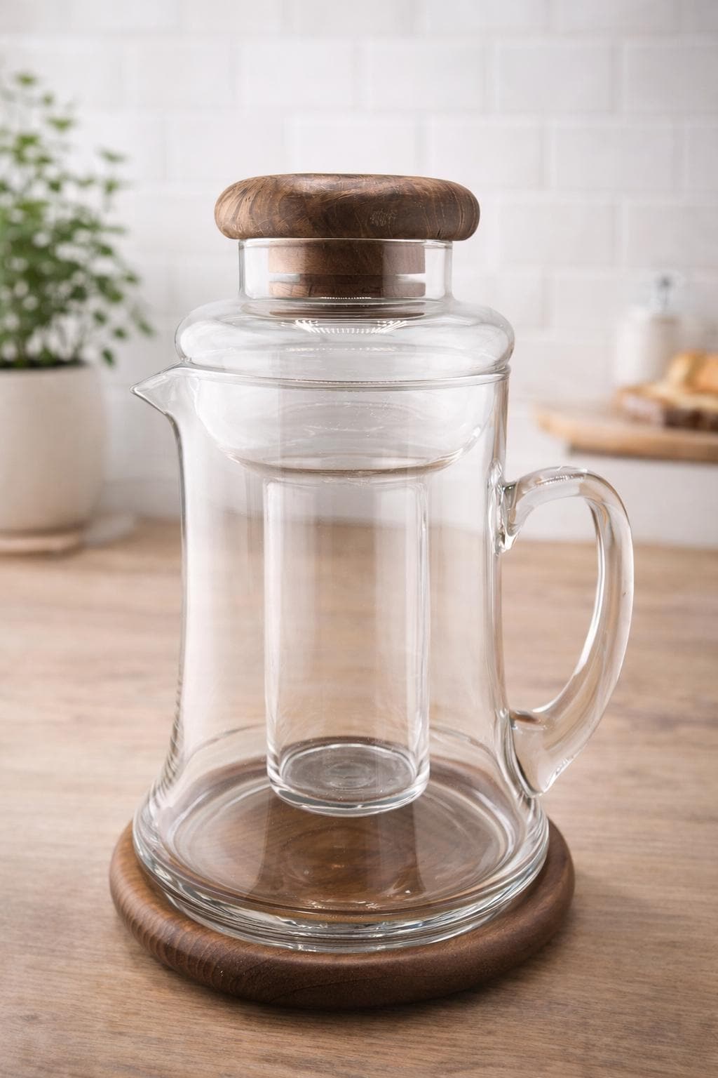 Vintage Mid Century Modern Glass Carafe with Teak Base Baker Hart and Stuart Barware