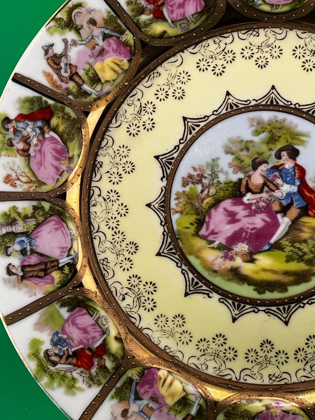Antique Romantic Courting Scene Porcelain Cabinet Plate 9” Gold Gilt Victorian Style Courting Couples Decorative Plate Vintage European