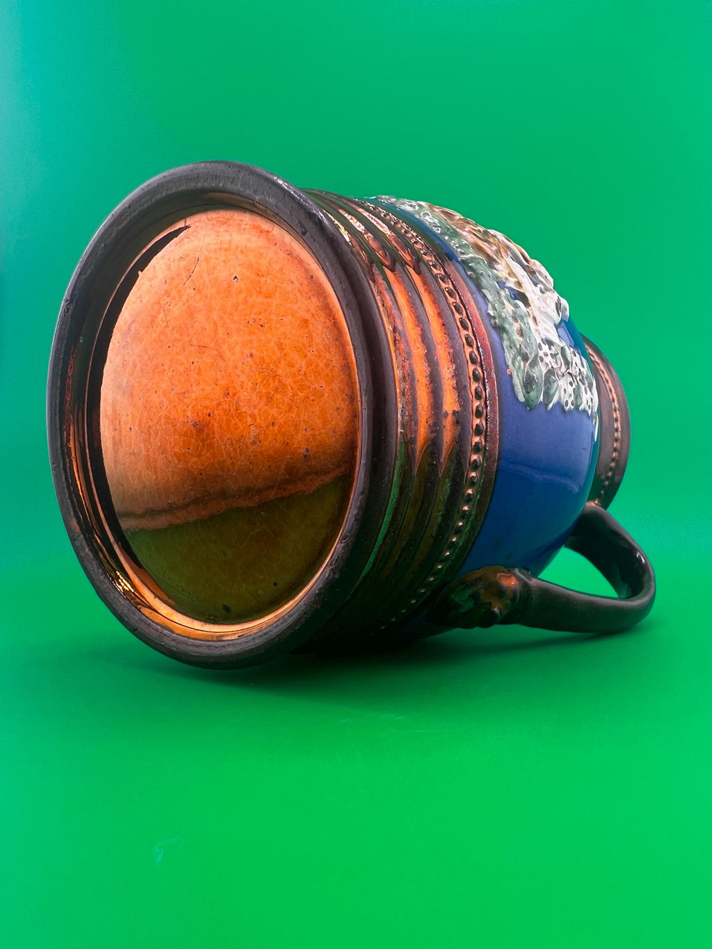 Antique Victorian Copper Luster Jug Pitcher | Staffordshire Relief Figural Creamer | Cobalt Blue Band | 19th Century English Lustreware