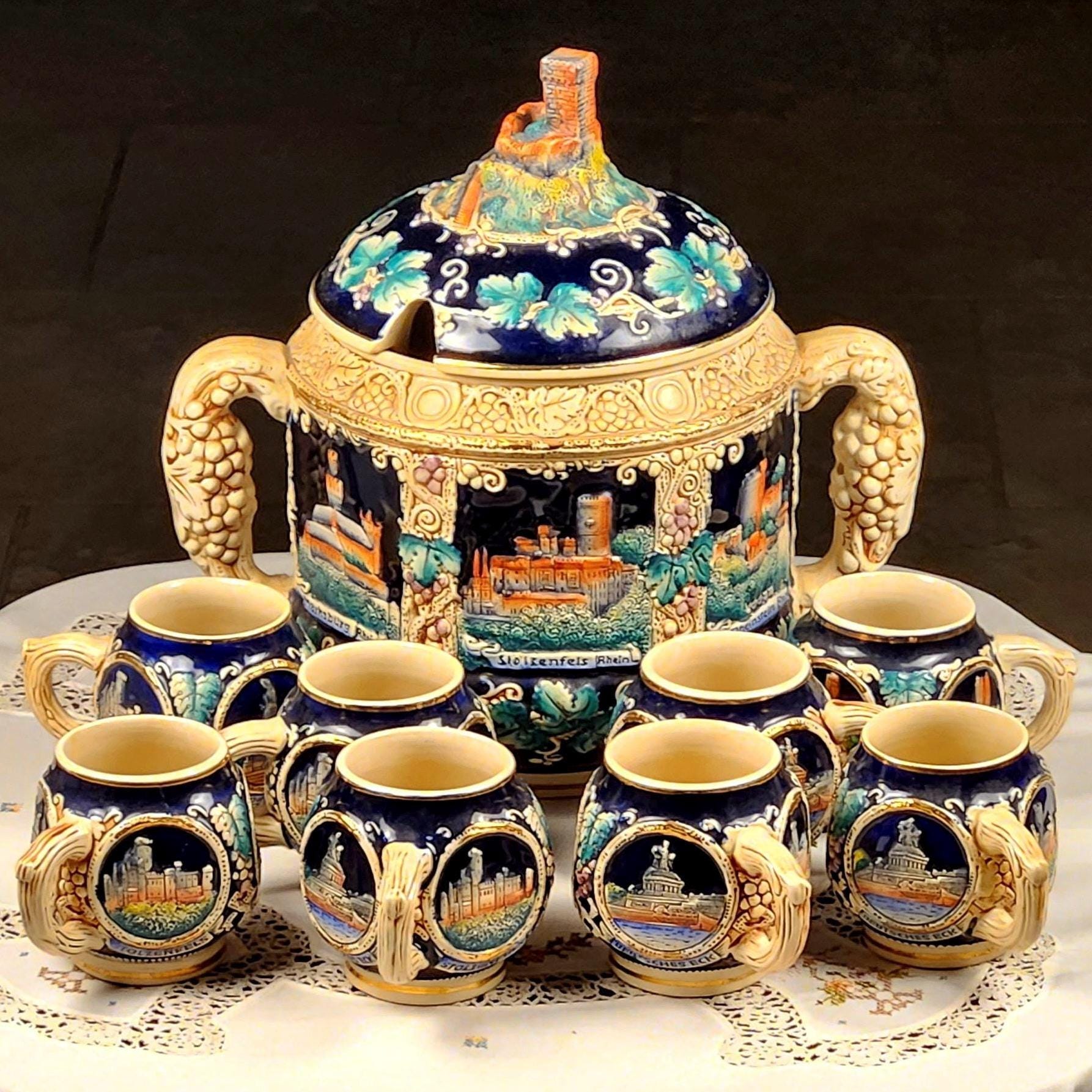 Vintage German Rhein Castle Punch Bowl Set w/ 8 Mugs | Cobalt Blue Relief Stein Set | Burg Eltz & Rhine Castle Scenes | West Germany Barware