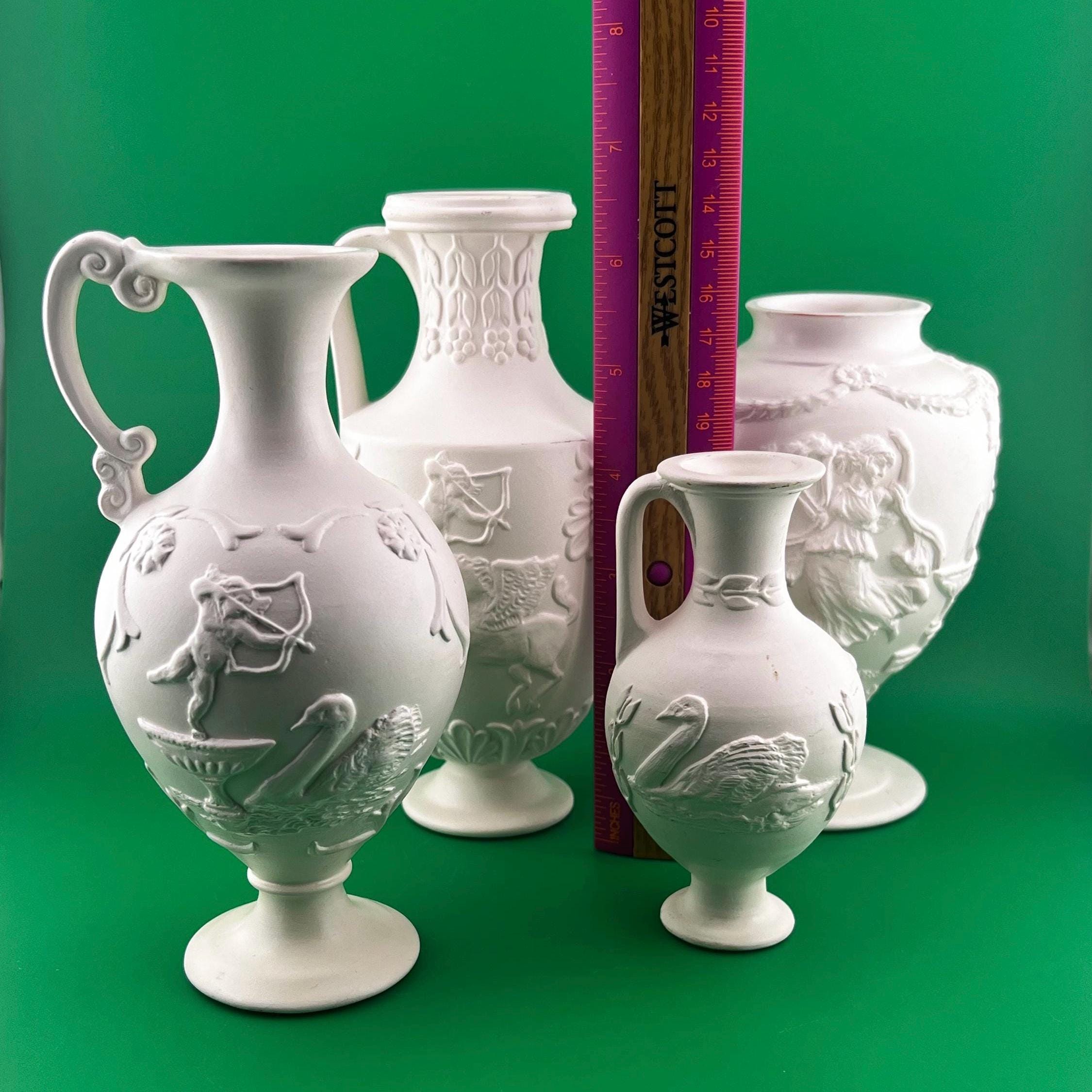 Vintage Bisque Porcelain Neoclassical Vase Cupid Pegasus Relief Matte White Greek Mythology Decor