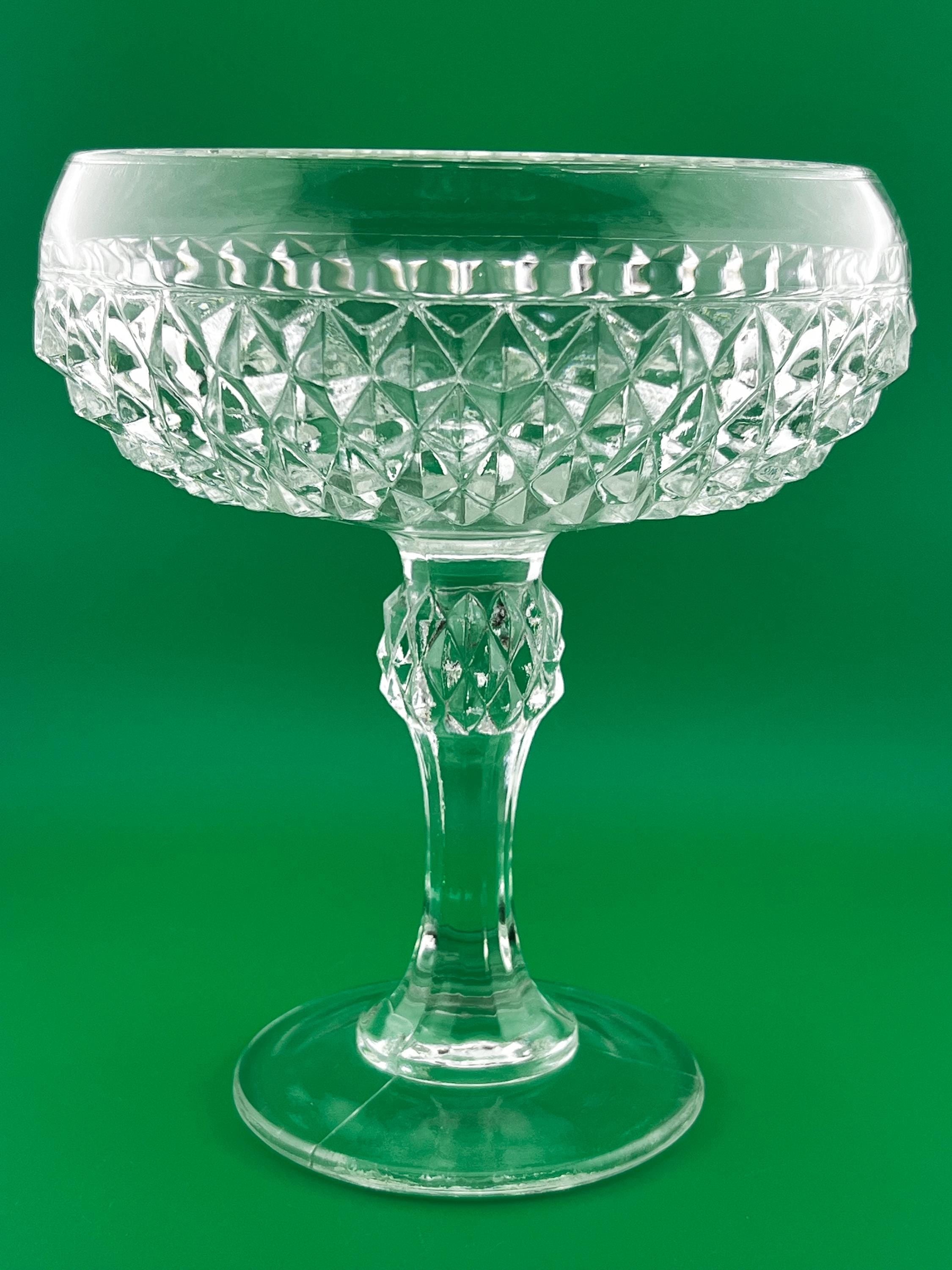 Vintage Pressed Glass Pedestal Compote Bowl Diamond Point Glass Candy Dish 7”