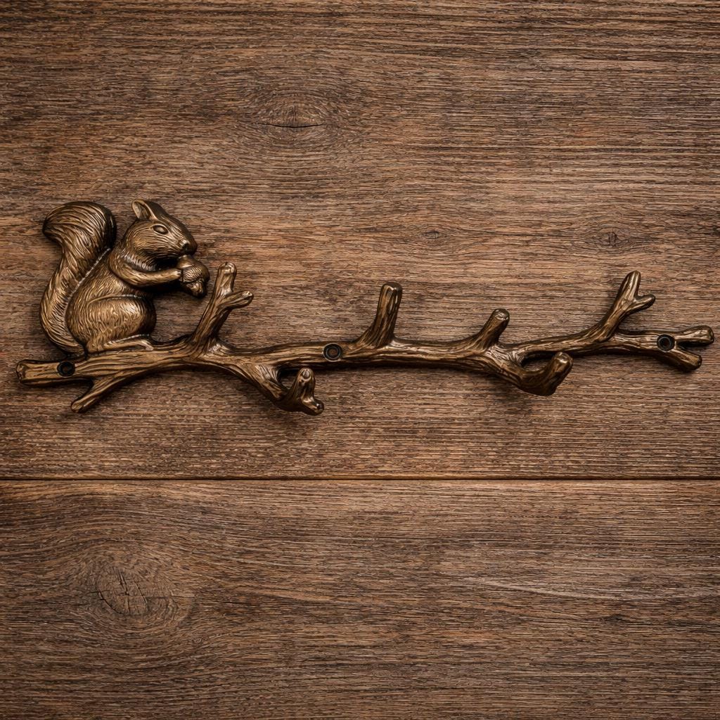 Rustic Squirrel Wall Hook Rack 13.5” Bronze Woodland Decor, Tree Branch Wall Hooks, Cabin Entryway Organizer, Lodge Home Accent