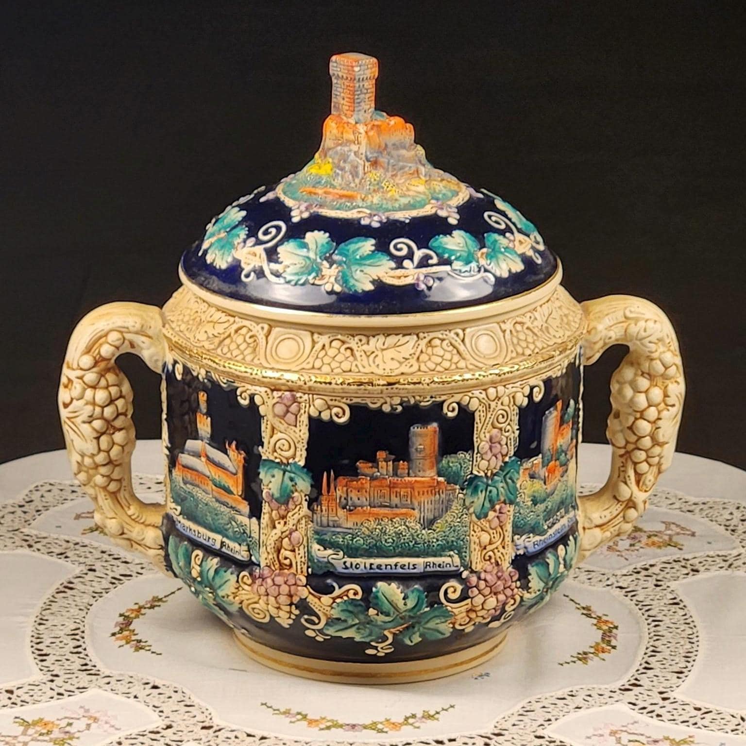 Vintage German Rhein Castle Punch Bowl Set w/ 8 Mugs | Cobalt Blue Relief Stein Set | Burg Eltz & Rhine Castle Scenes | West Germany Barware