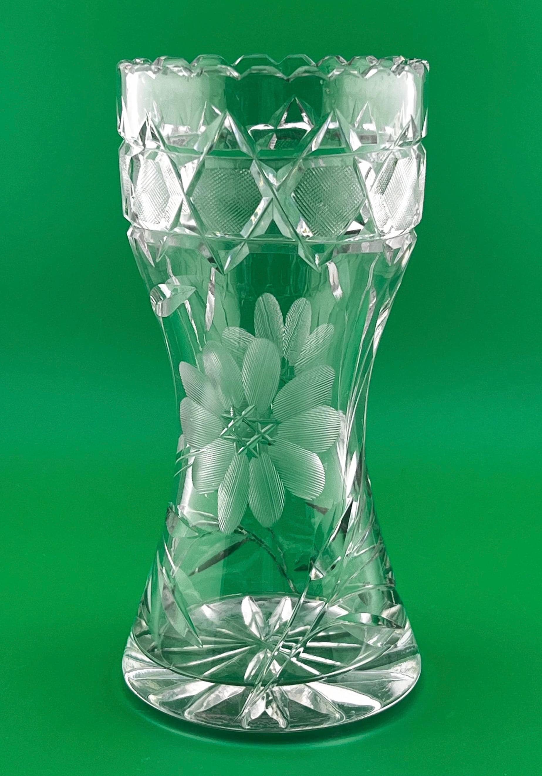 Vintage Bohemian Cut Crystal Vase Floral Engraved Crystal Vase 6” Czech Crystal