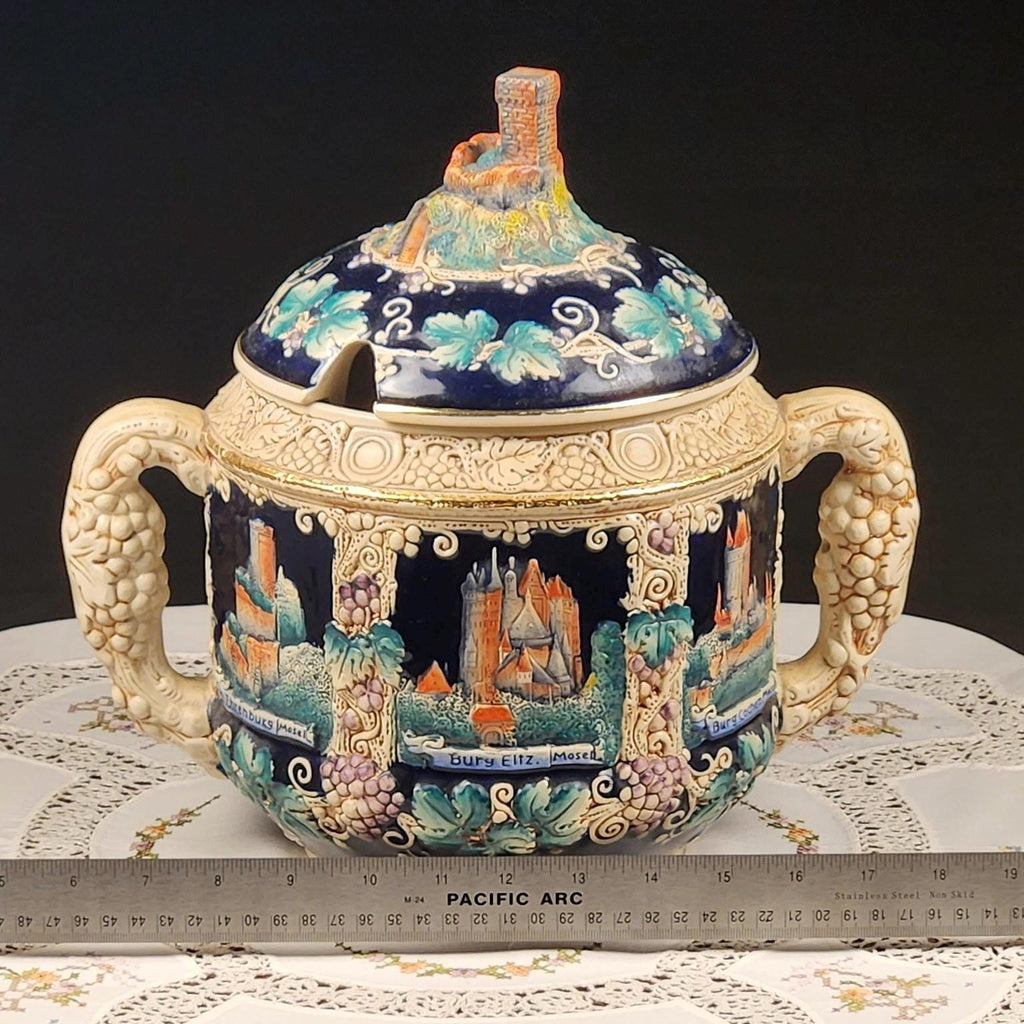 Vintage German Rhein Castle Punch Bowl Set w/ 8 Mugs | Cobalt Blue Relief Stein Set | Burg Eltz & Rhine Castle Scenes | West Germany Barware