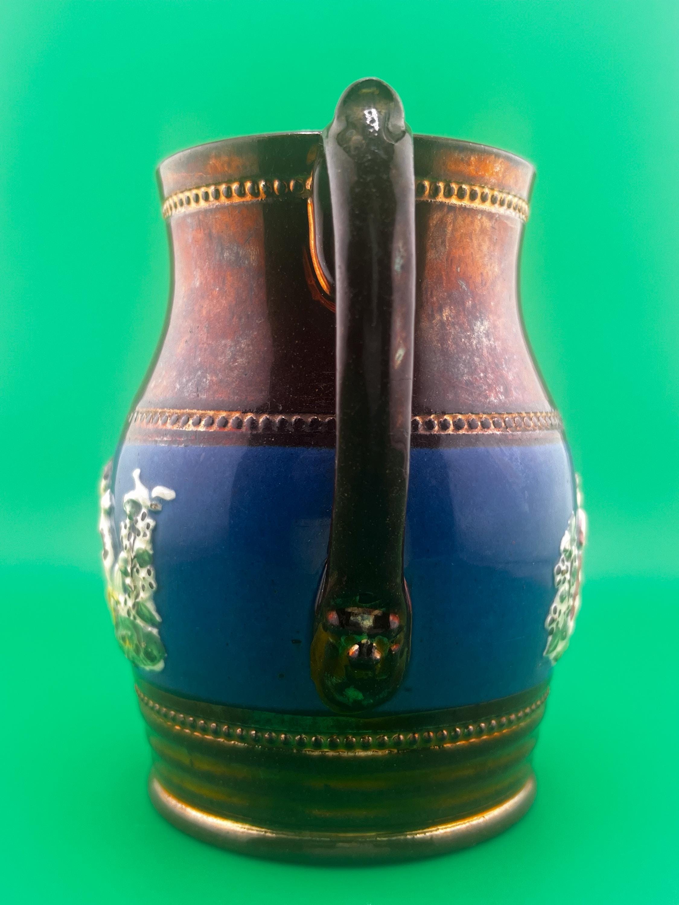 Antique Victorian Copper Luster Jug Pitcher | Staffordshire Relief Figural Creamer | Cobalt Blue Band | 19th Century English Lustreware