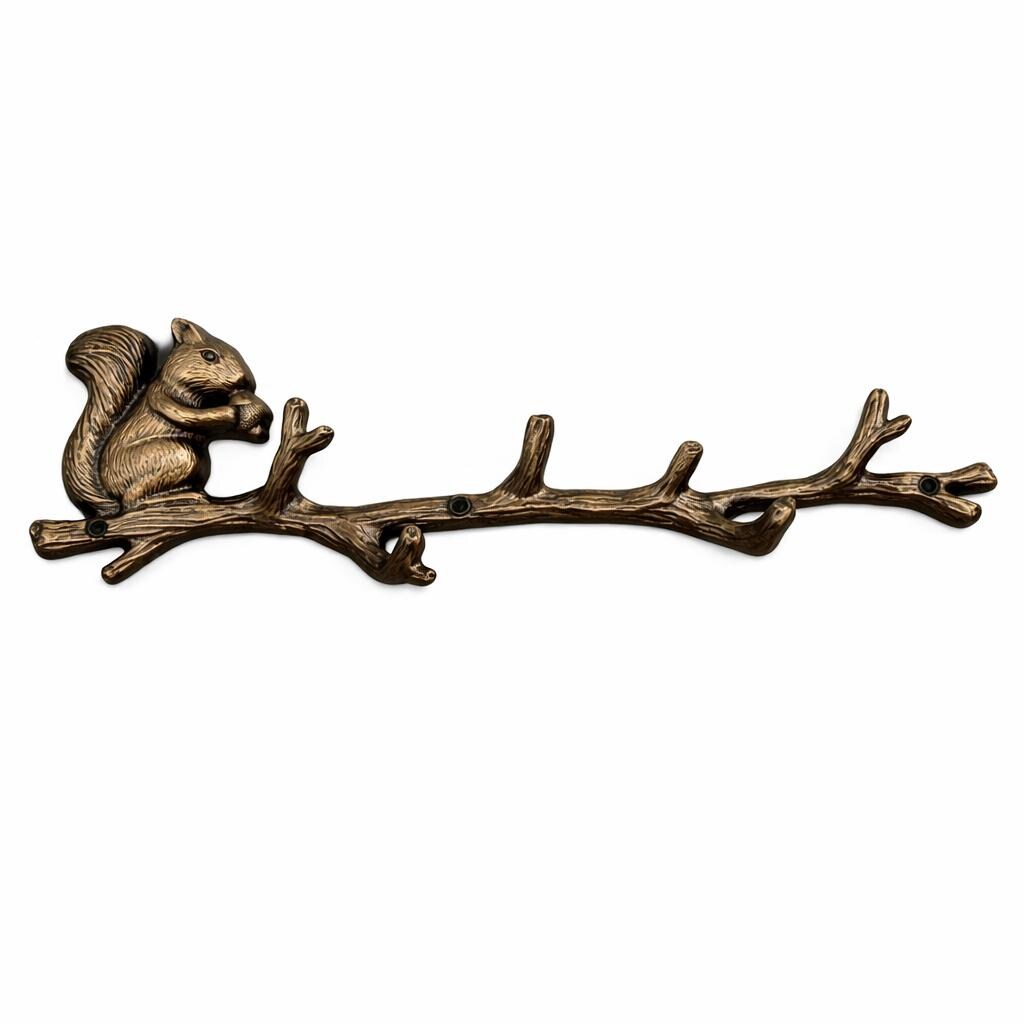 Rustic Squirrel Wall Hook Rack 13.5” Bronze Woodland Decor, Tree Branch Wall Hooks, Cabin Entryway Organizer, Lodge Home Accent