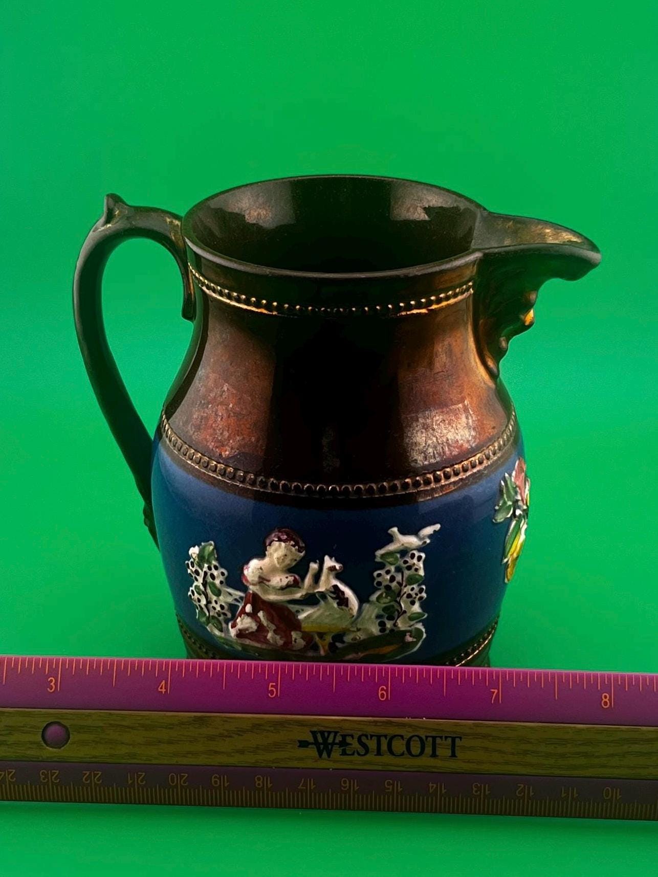 Antique Victorian Copper Luster Jug Pitcher | Staffordshire Relief Figural Creamer | Cobalt Blue Band | 19th Century English Lustreware