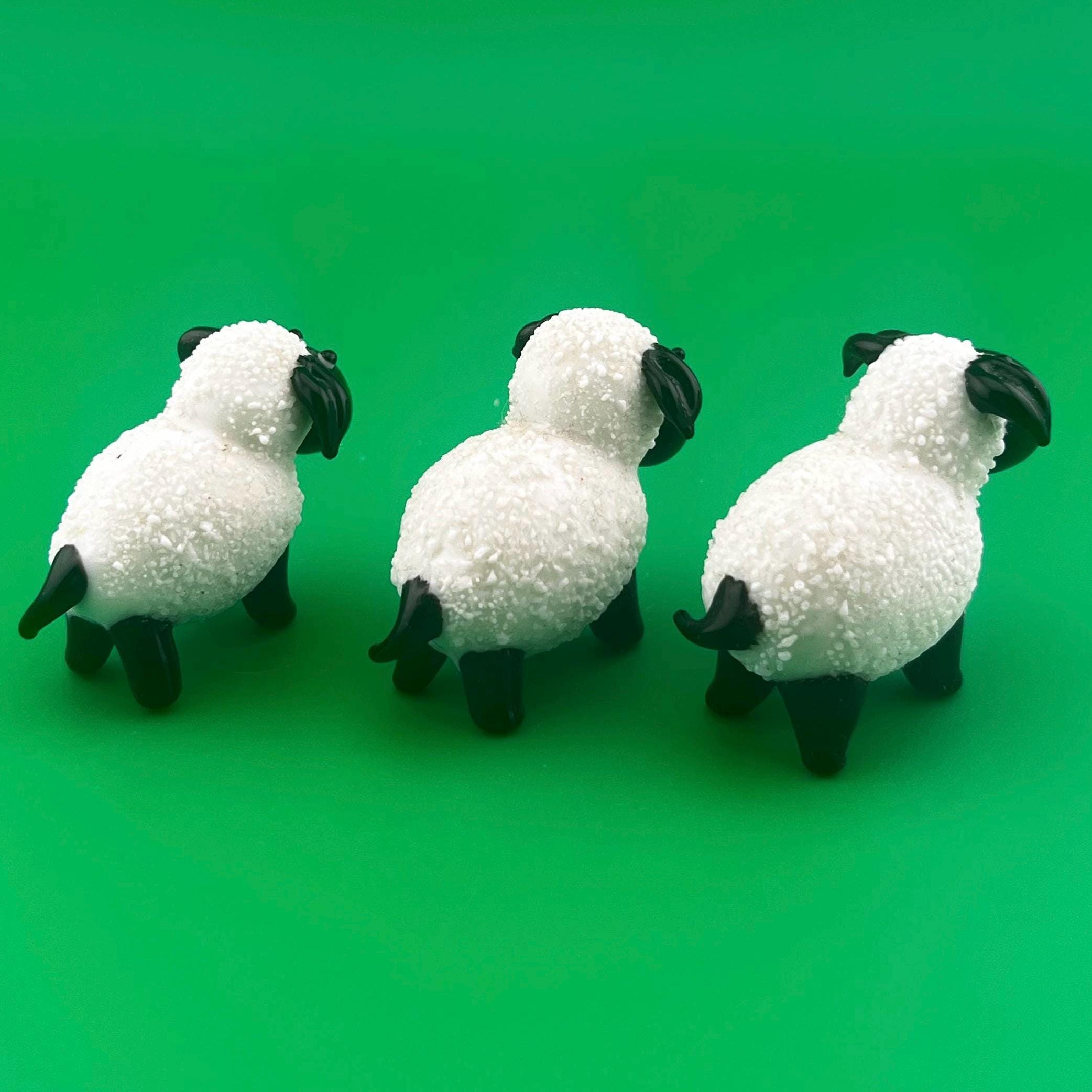 Vintage Hand Blown Glass Sheep Figurines Set of 3 | Black & White Art Glass Lambs | Farmhouse Cottage Decor