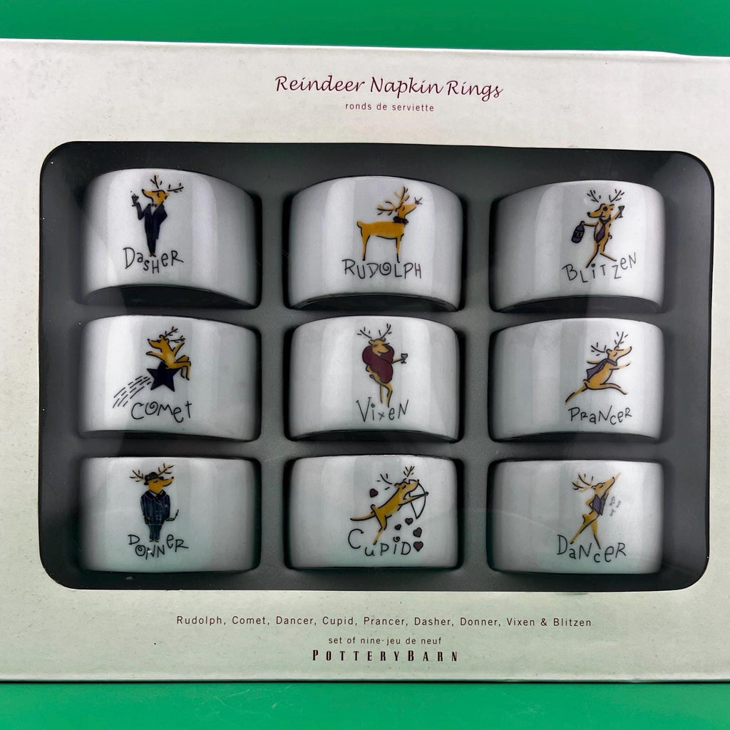 Pottery Barn Reindeer Napkin Rings Set 9 Christmas Holiday Table Decor Rudolph Dasher Dancer Comet Prancer Vixen Donner Blitzen Sealed   Box