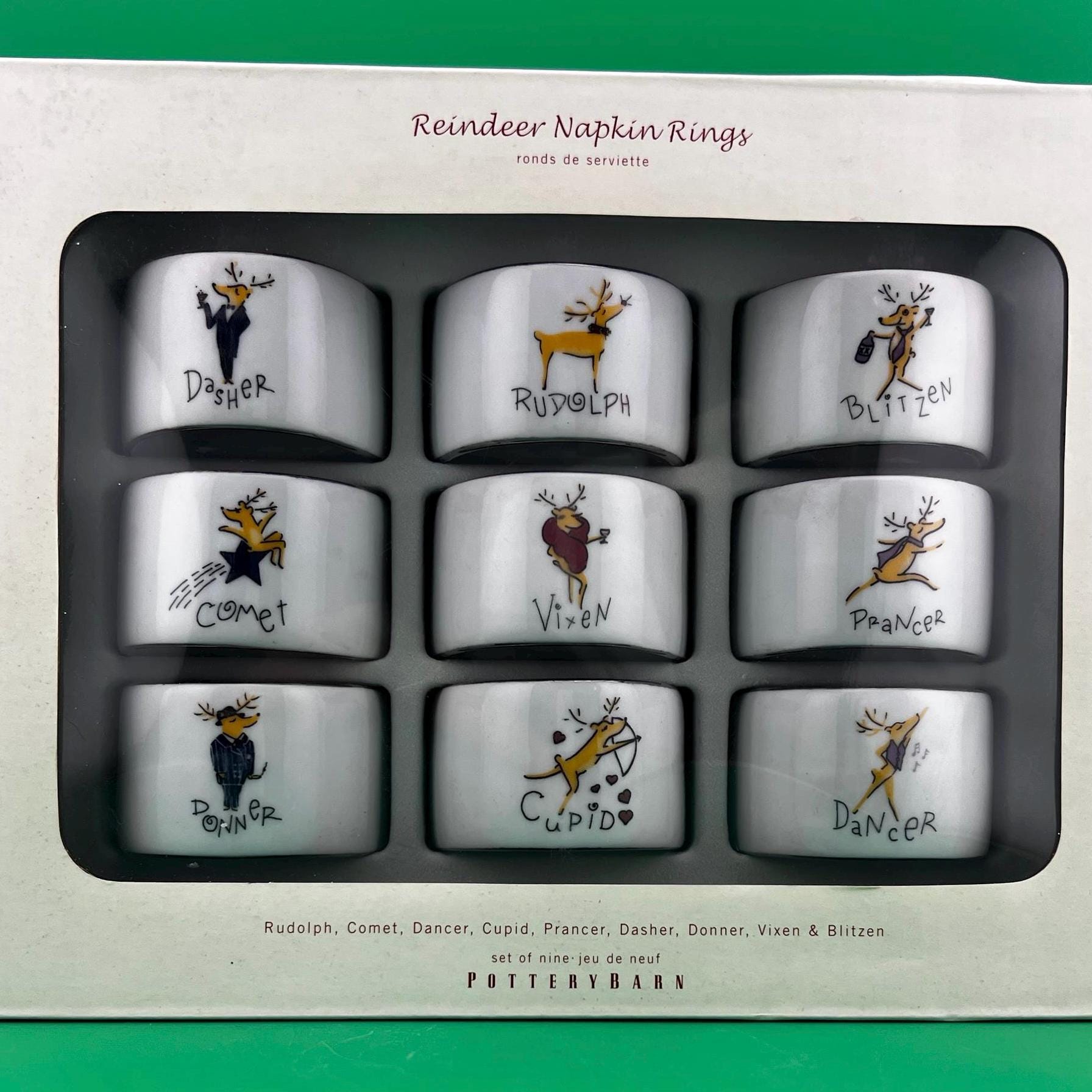 Pottery Barn Reindeer Napkin Rings Set 9 Christmas Holiday Table Decor Rudolph Dasher Dancer Comet Prancer Vixen Donner Blitzen Sealed   Box