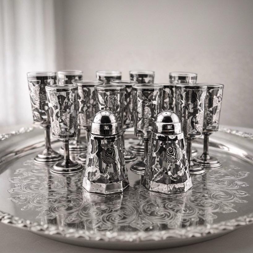 15 Pc Sterling Silver Cordial Glass Set 13 Cordials 925 + Salt Pepper Overlay Floral Cutwork Vintage Mid Century Barware shot glasses