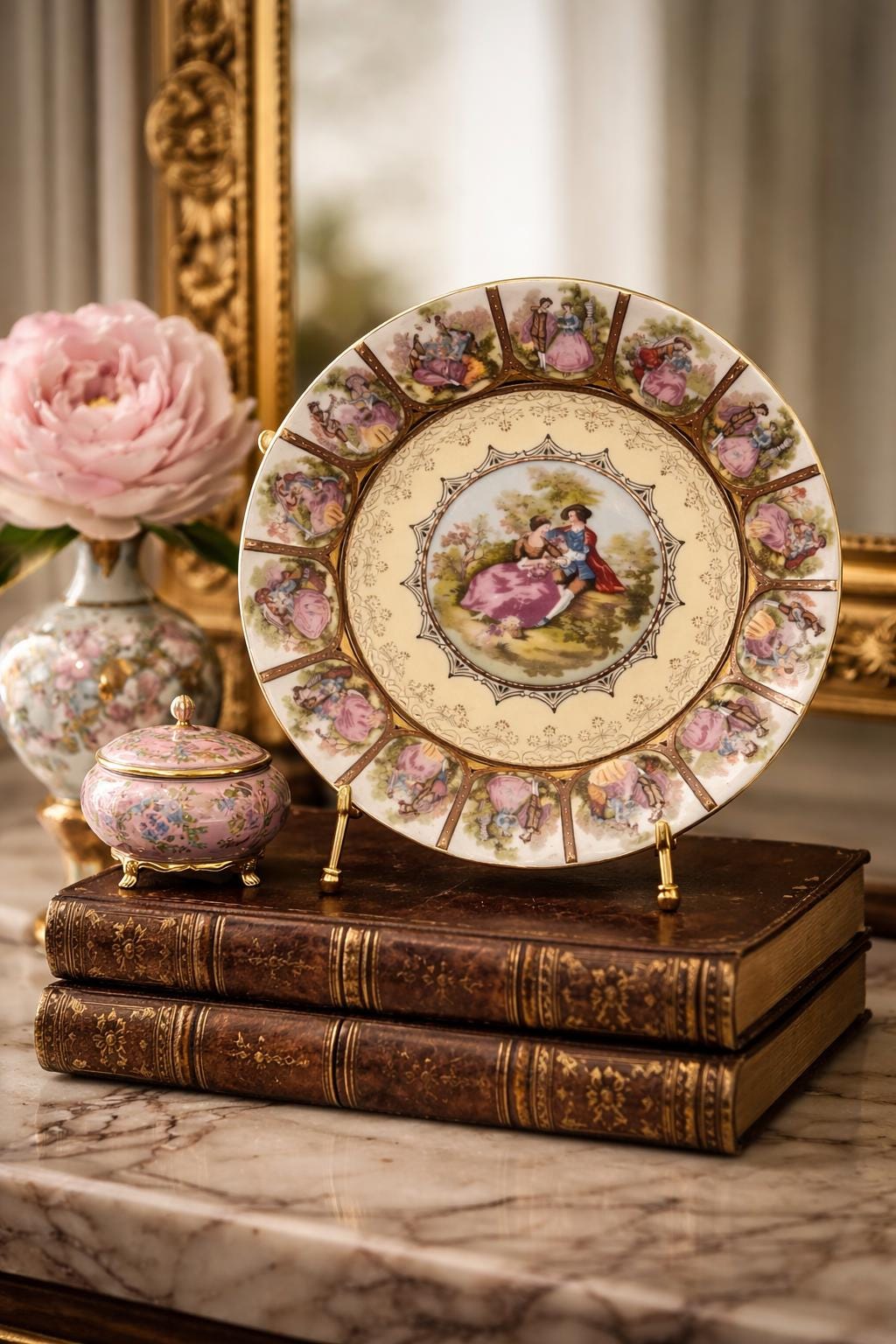 Antique Romantic Courting Scene Porcelain Cabinet Plate 9” Gold Gilt Victorian Style Courting Couples Decorative Plate Vintage European