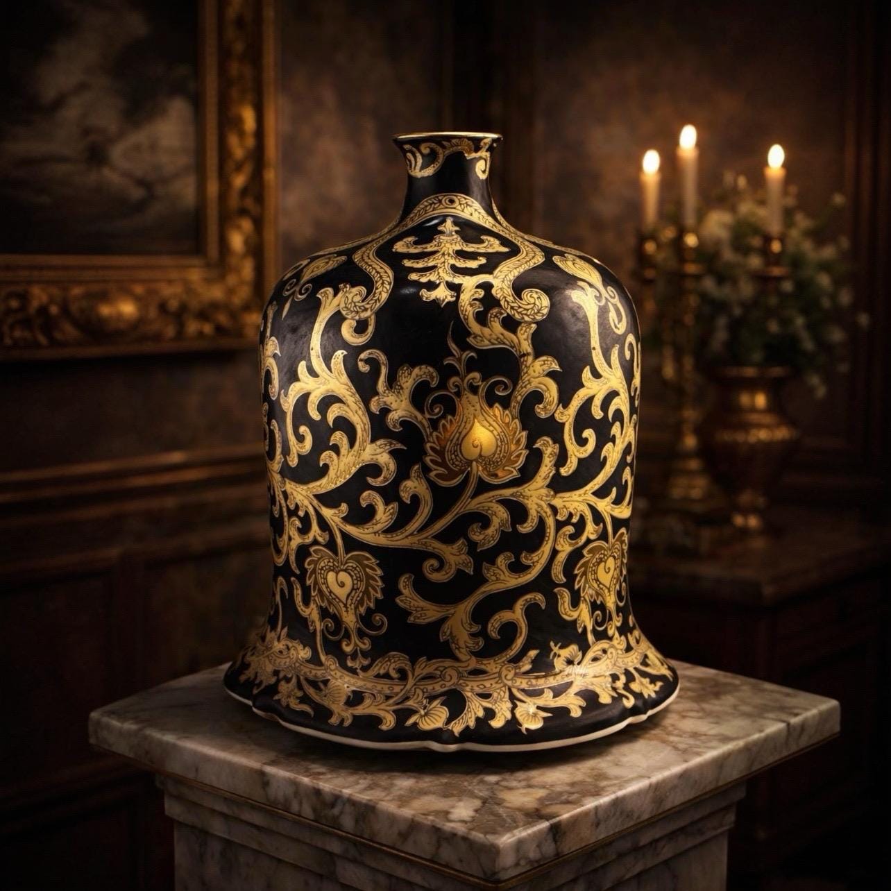 Vintage Baroque Black Gold Ornate Vase 10.5” | Hollywood Regency Florentine Scrollwork Ceramic Urn | Italian Style Decorative Statement Vase