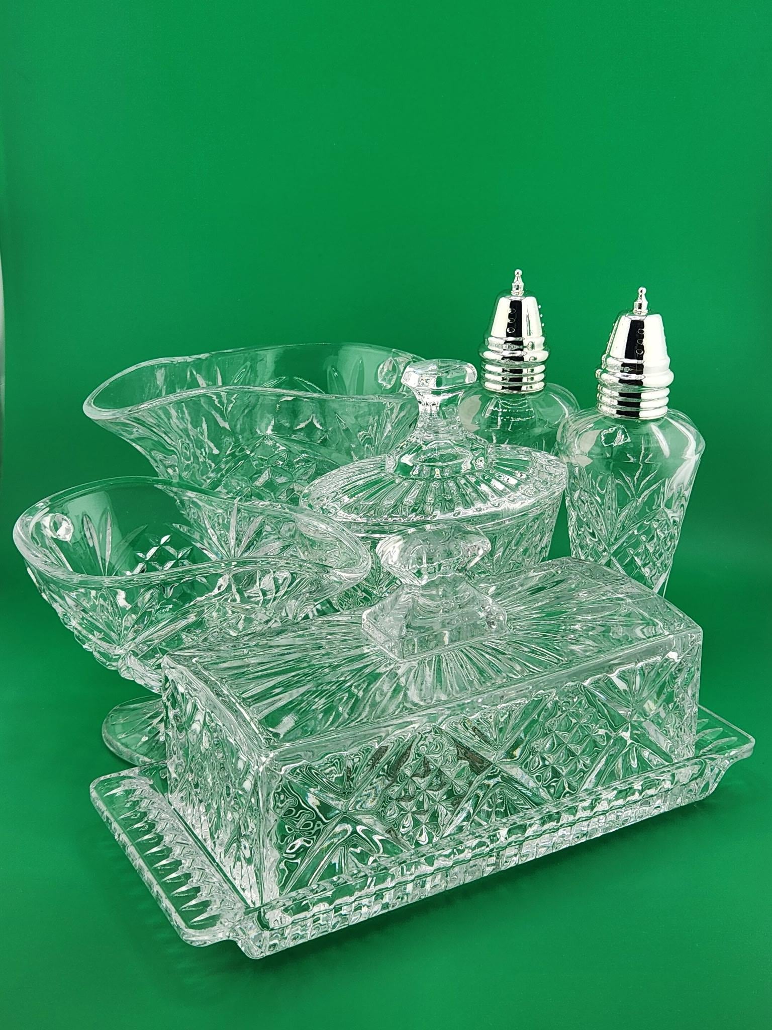 Complete vintage Shannon Crystal Designs of Ireland set with original worn box — rare to find all pieces together. Perfect for collectors