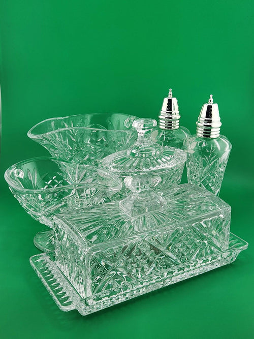 Complete vintage Shannon Crystal Designs of Ireland set with original worn box — rare to find all pieces together. Perfect for collectors