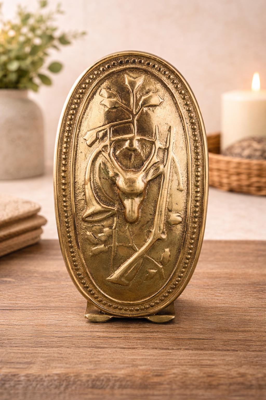 Vintage Italian Brass Deer Bookend | Stag & Rifle Relief, Lodge Decor