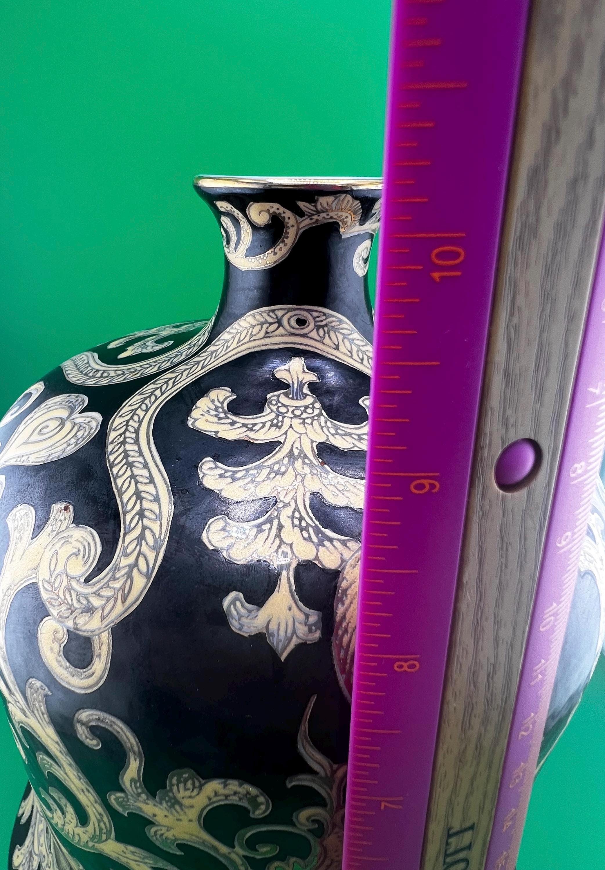 Vintage Baroque Black Gold Ornate Vase 10.5” | Hollywood Regency Florentine Scrollwork Ceramic Urn | Italian Style Decorative Statement Vase