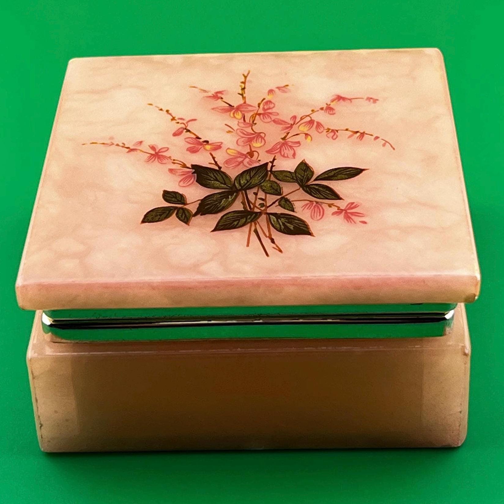 Vintage Italian Alabaster Trinket Box Hand Painted Floral Jewelry Box Volterra Stone 3”