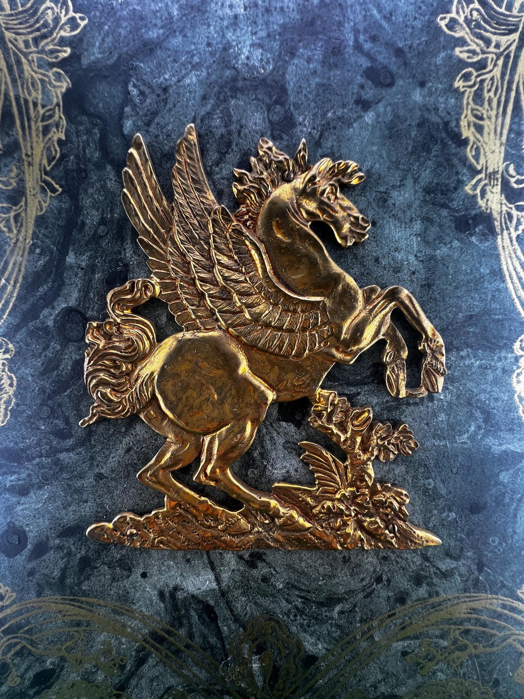Large Vintage Palladio Florentine Scagliola & Brass Pegasus Wall Plaques Pair Italian Gold Gilt Baroque Mythological Panels 18.5”