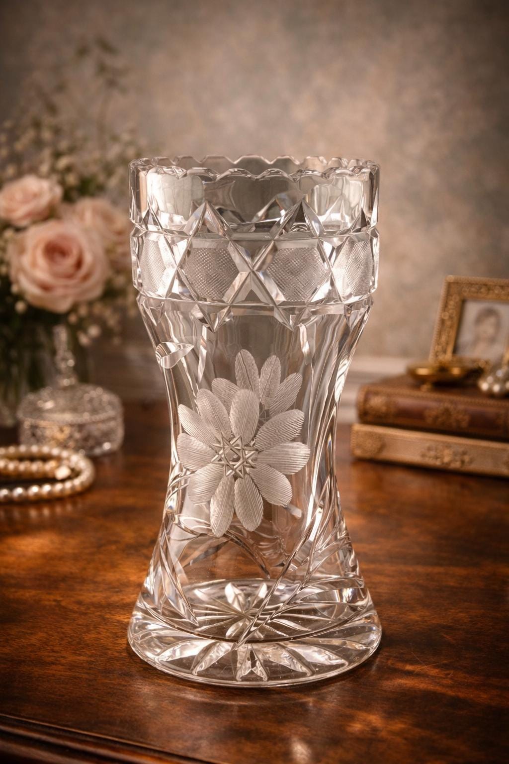 Vintage Bohemian Cut Crystal Vase Floral Engraved Crystal Vase 6” Czech Crystal
