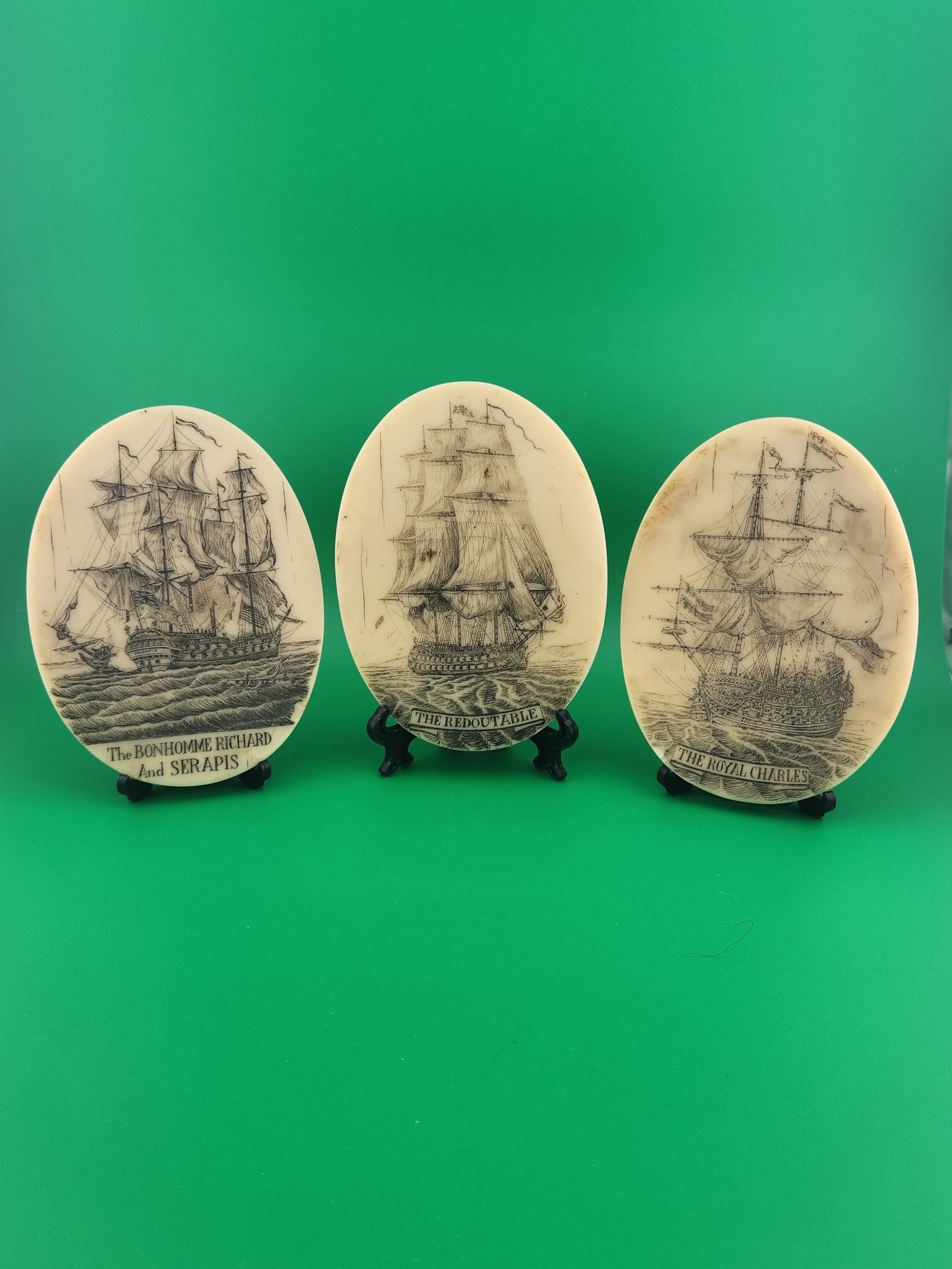 Vintage Nautical Scrimshaw Style Coaster Set | Sailing Ship Coasters with Holder | Maritime Naval Decor | Ship Engraved Drink Coasters