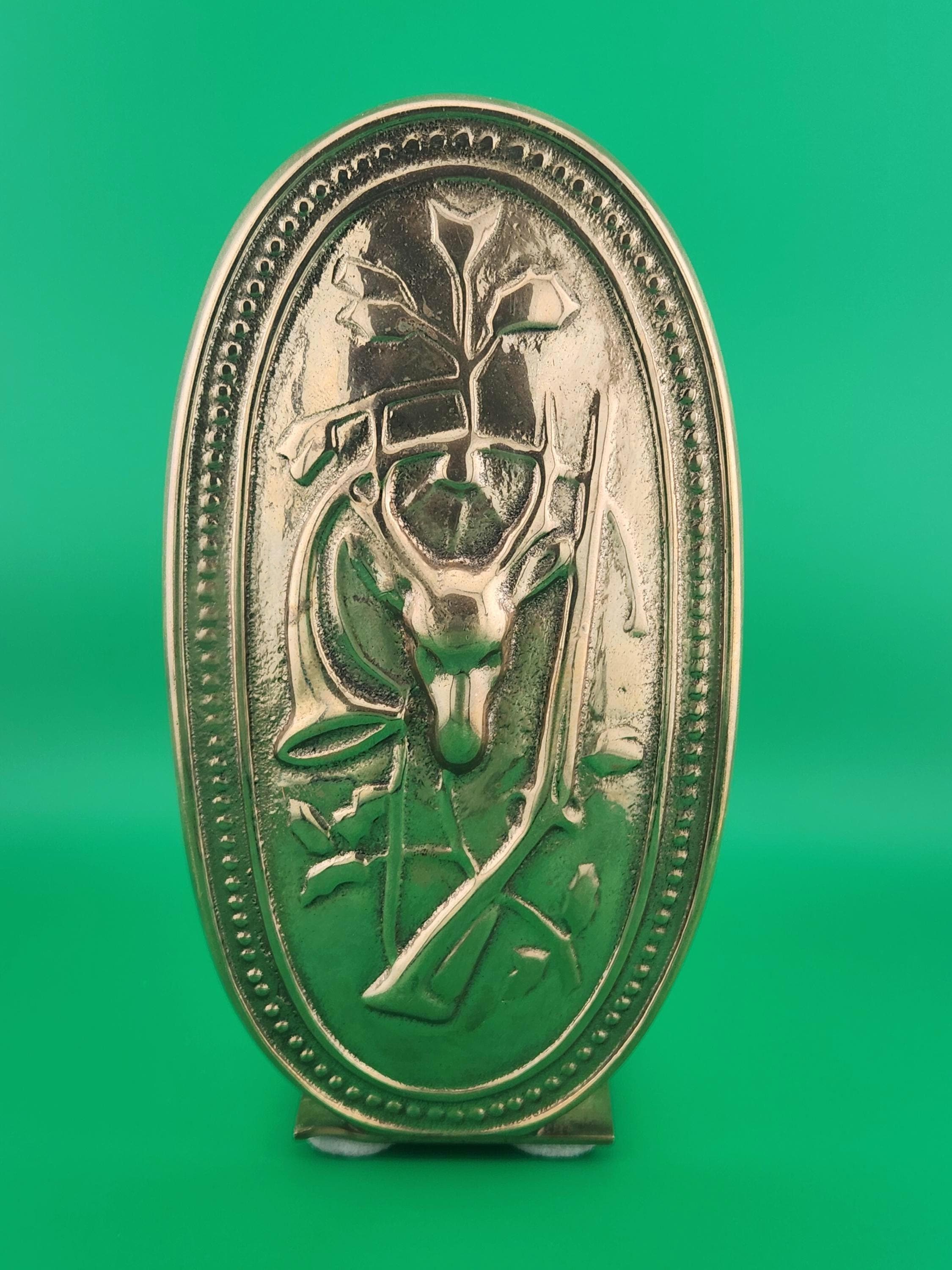 Vintage Italian Brass Deer Bookend | Stag & Rifle Relief, Lodge Decor