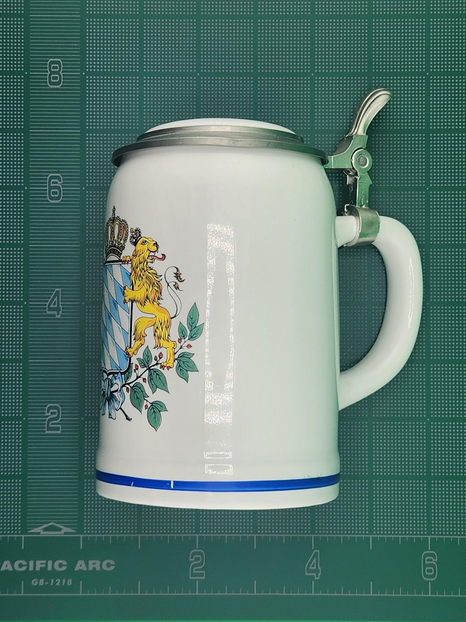 Vintage German Beer Stein: Bavarian Coat of Arms, Pewter Lid, West Germany 1960s