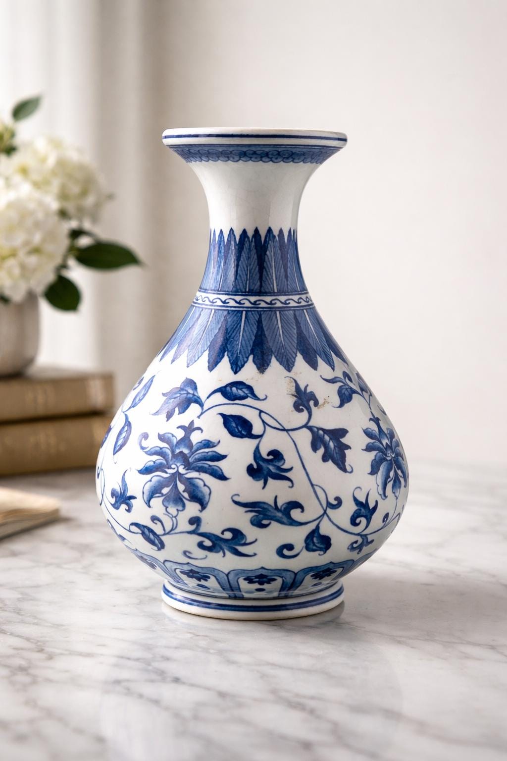 Vintage Blue White Porcelain Vase – Hand Painted Floral Lotus Chinoiserie Decor 9"