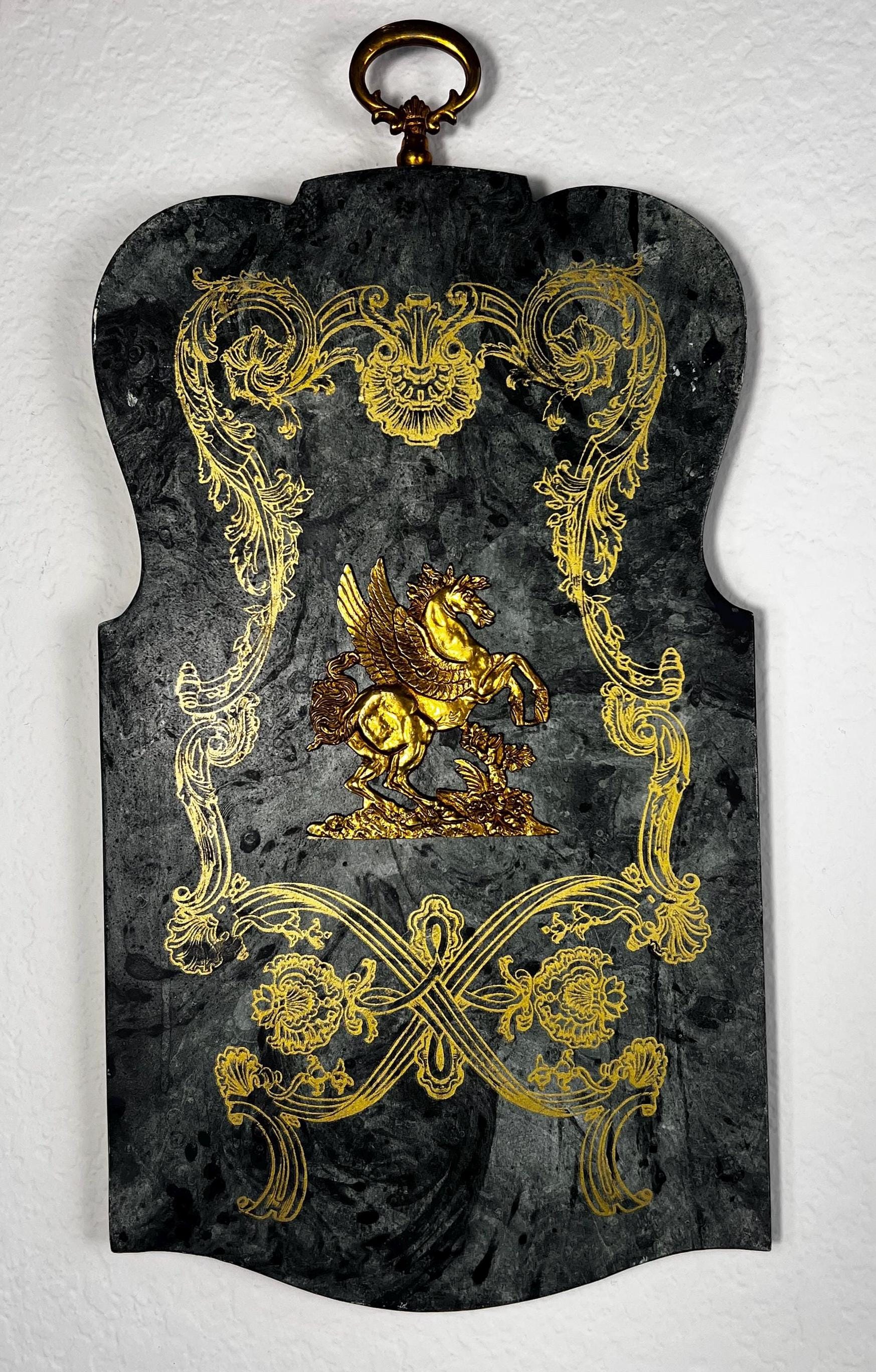 Large Vintage Palladio Florentine Scagliola & Brass Pegasus Wall Plaques Pair Italian Gold Gilt Baroque Mythological Panels 18.5”