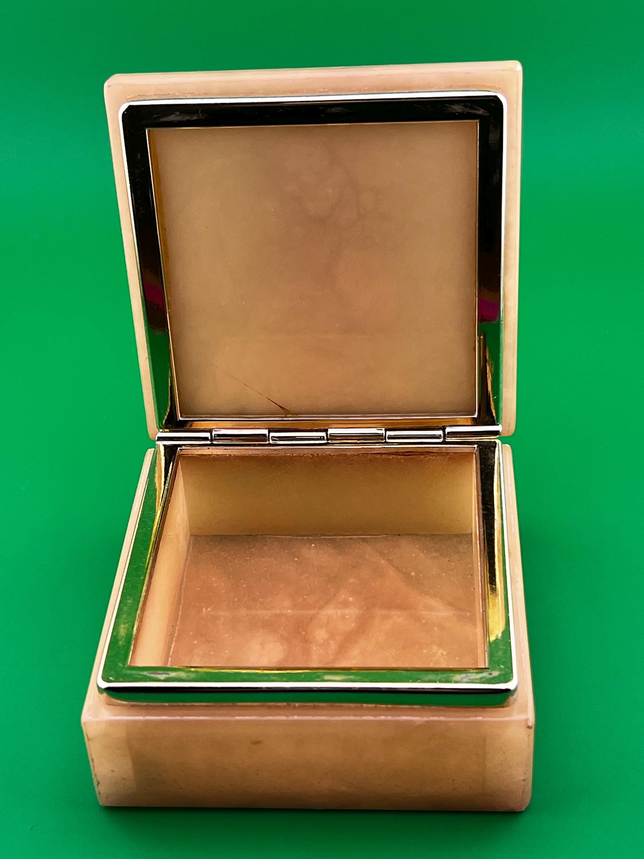 Vintage Italian Alabaster Trinket Box Hand Painted Floral Jewelry Box Volterra Stone 3”