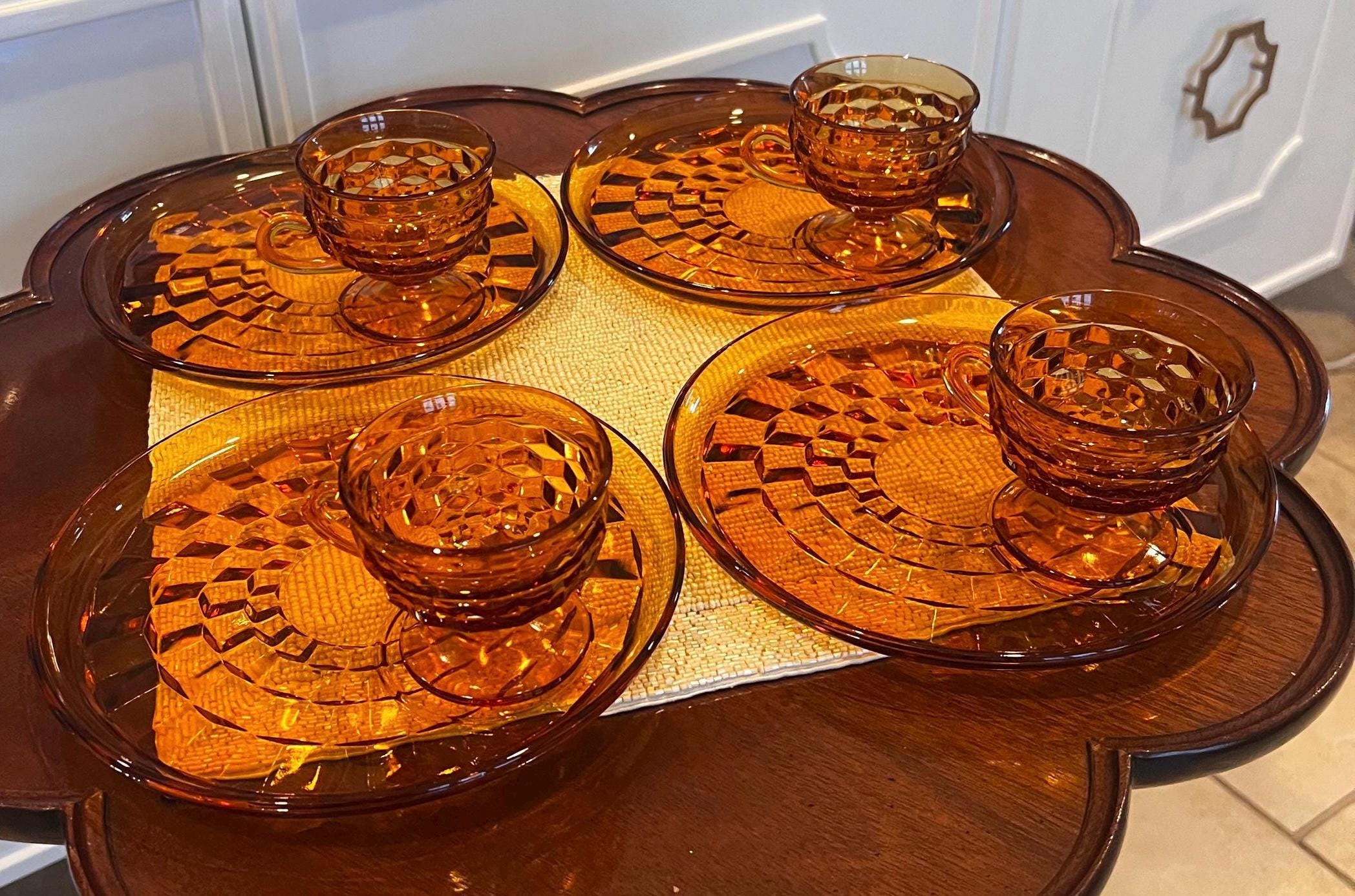 Vintage Indiana Glass Amber Snack Set (4) | Mid Century Honeycomb Pressed Glass Coffee Cups & Luncheon Plates | Retro 1970s Dessert Set