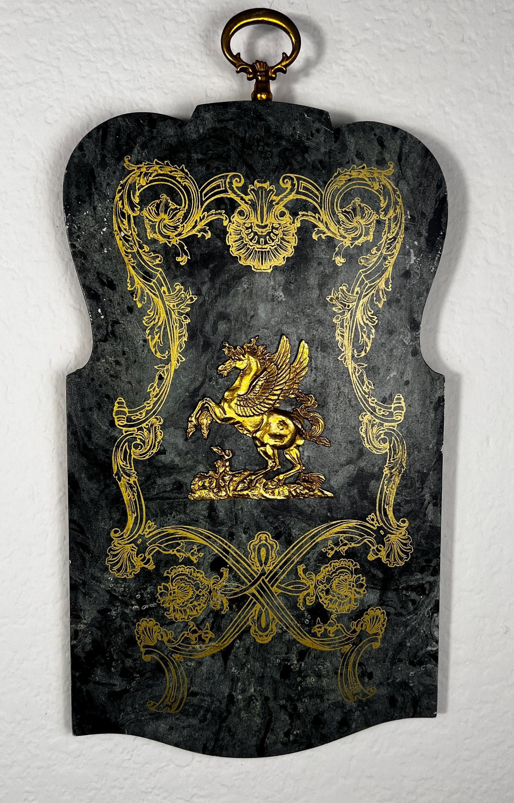Large Vintage Palladio Florentine Scagliola & Brass Pegasus Wall Plaques Pair Italian Gold Gilt Baroque Mythological Panels 18.5”