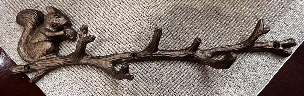 Rustic Squirrel Wall Hook Rack 13.5” Bronze Woodland Decor, Tree Branch Wall Hooks, Cabin Entryway Organizer, Lodge Home Accent
