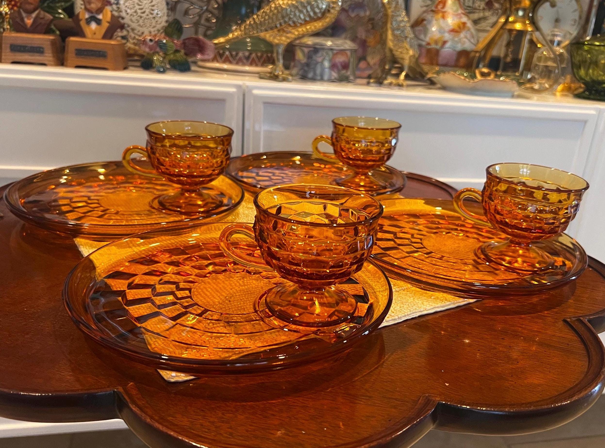 Vintage Indiana Glass Amber Snack Set (4) | Mid Century Honeycomb Pressed Glass Coffee Cups & Luncheon Plates | Retro 1970s Dessert Set