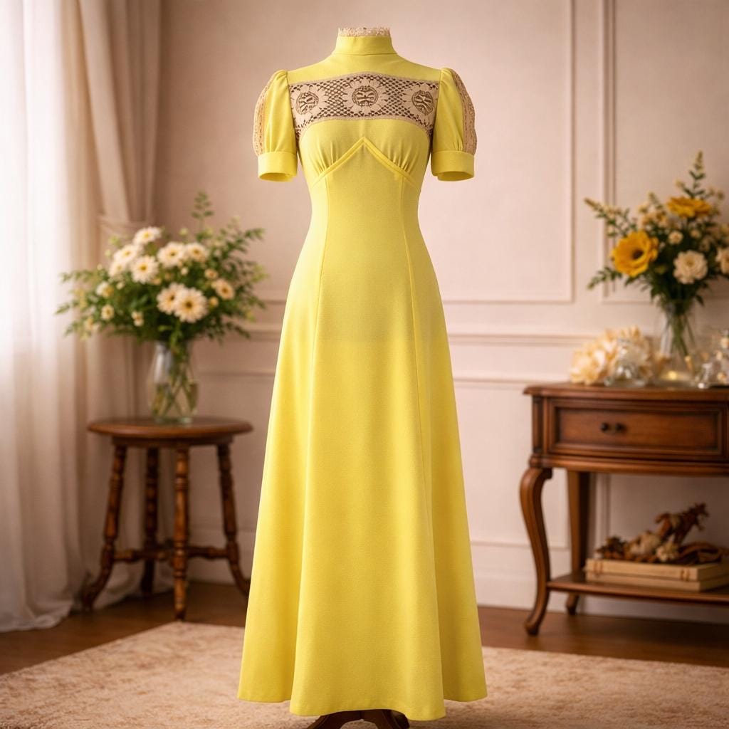 Vintage 1970s Yellow Prairie Maxi Dress | Cottagecore Lace Yoke Dress | Boho Romantic Maxi Dress | 70s Cottagecore Dress Size S