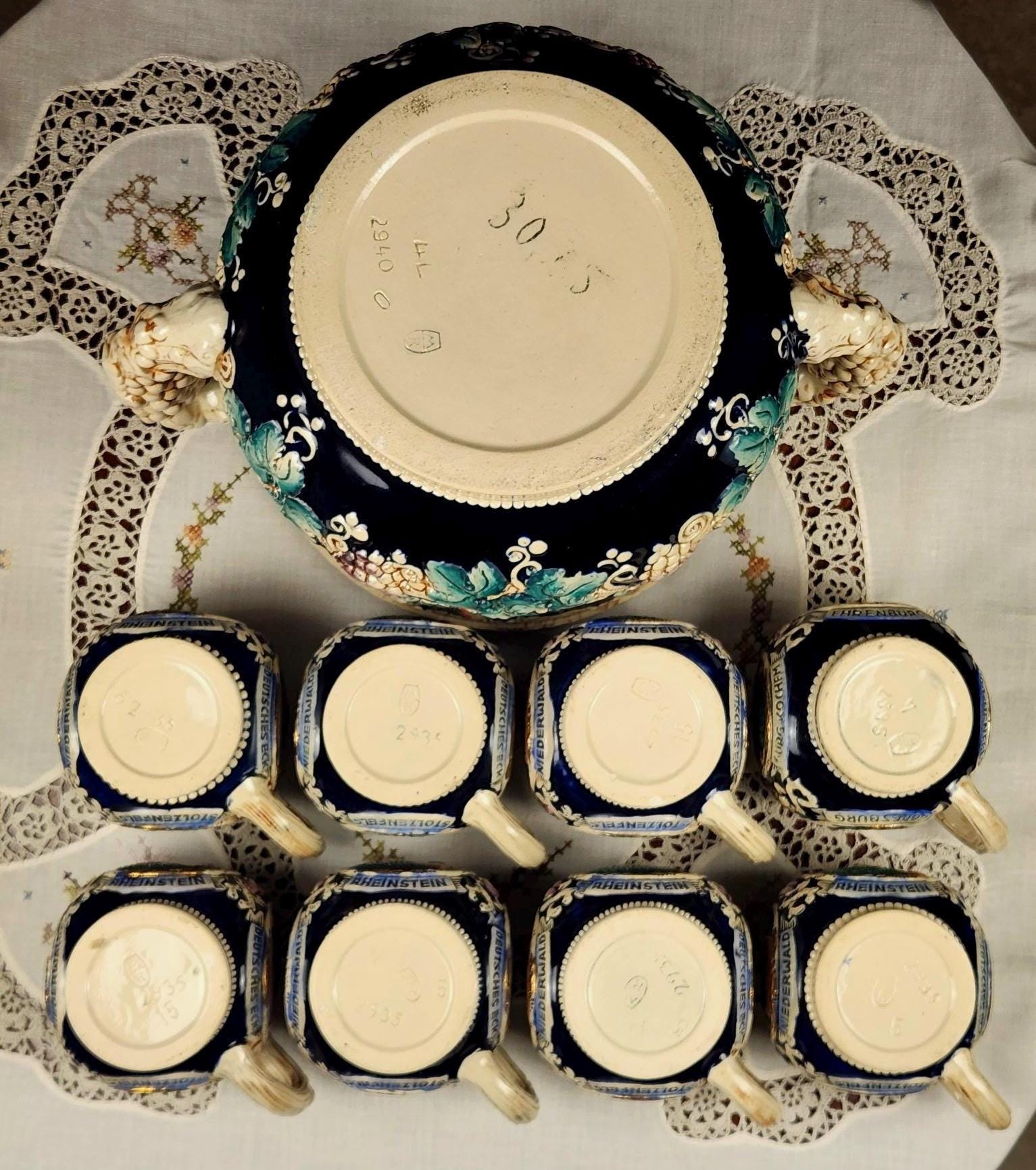 Vintage German Rhein Castle Punch Bowl Set w/ 8 Mugs | Cobalt Blue Relief Stein Set | Burg Eltz & Rhine Castle Scenes | West Germany Barware