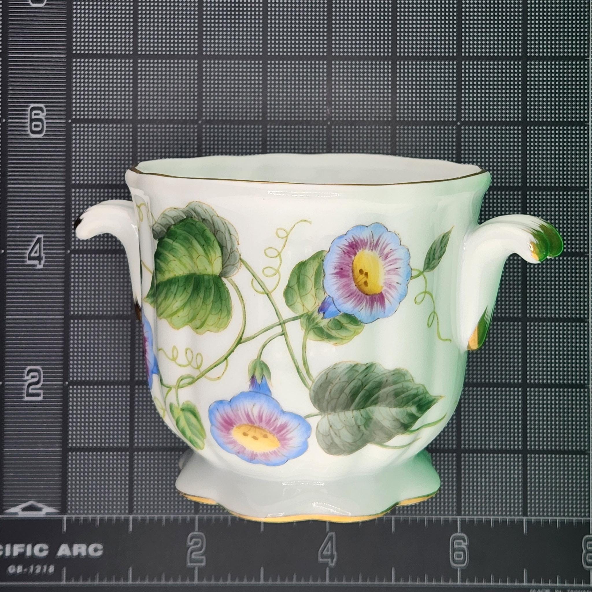Vintage Hand-Painted Porcelain Cachepot Planters – Morning Glory Floral Motif, Gold Handles
