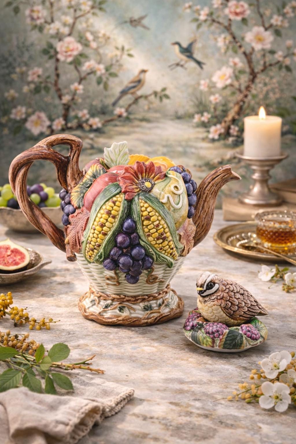 Fitz and Floyd Cornucopia Teapot – Vintage Harvest Fruit Ceramic Bird Lid