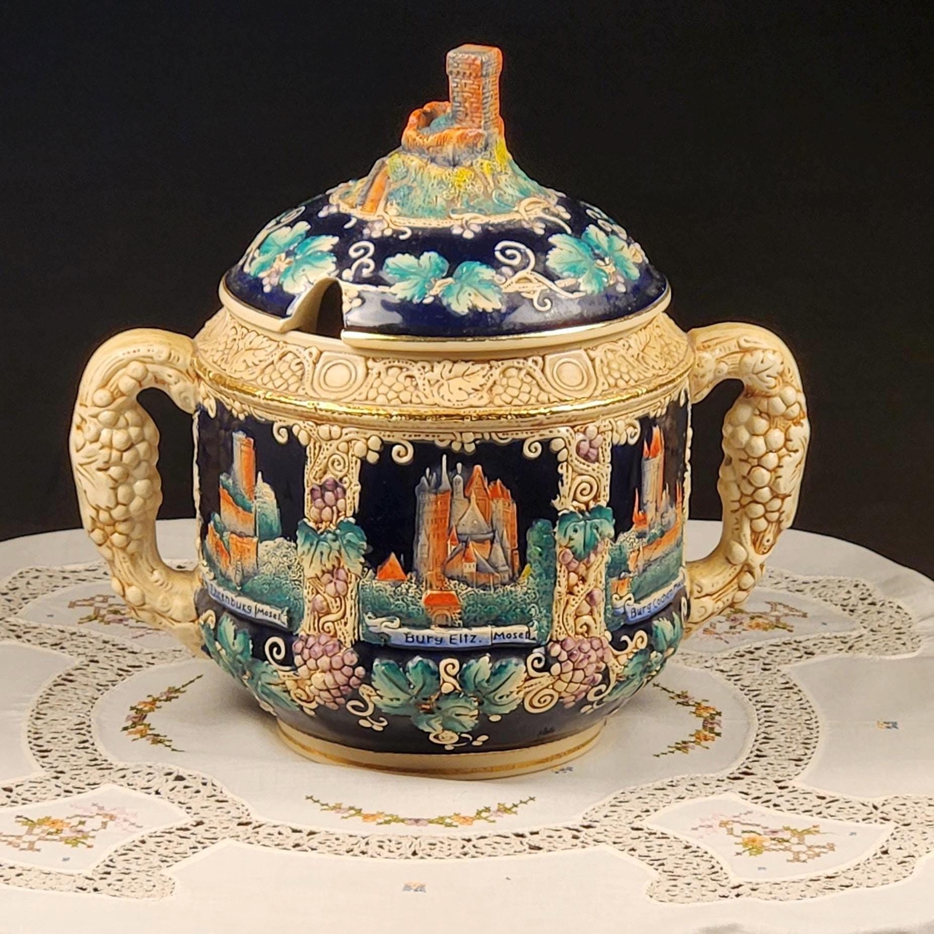 Vintage German Rhein Castle Punch Bowl Set w/ 8 Mugs | Cobalt Blue Relief Stein Set | Burg Eltz & Rhine Castle Scenes | West Germany Barware