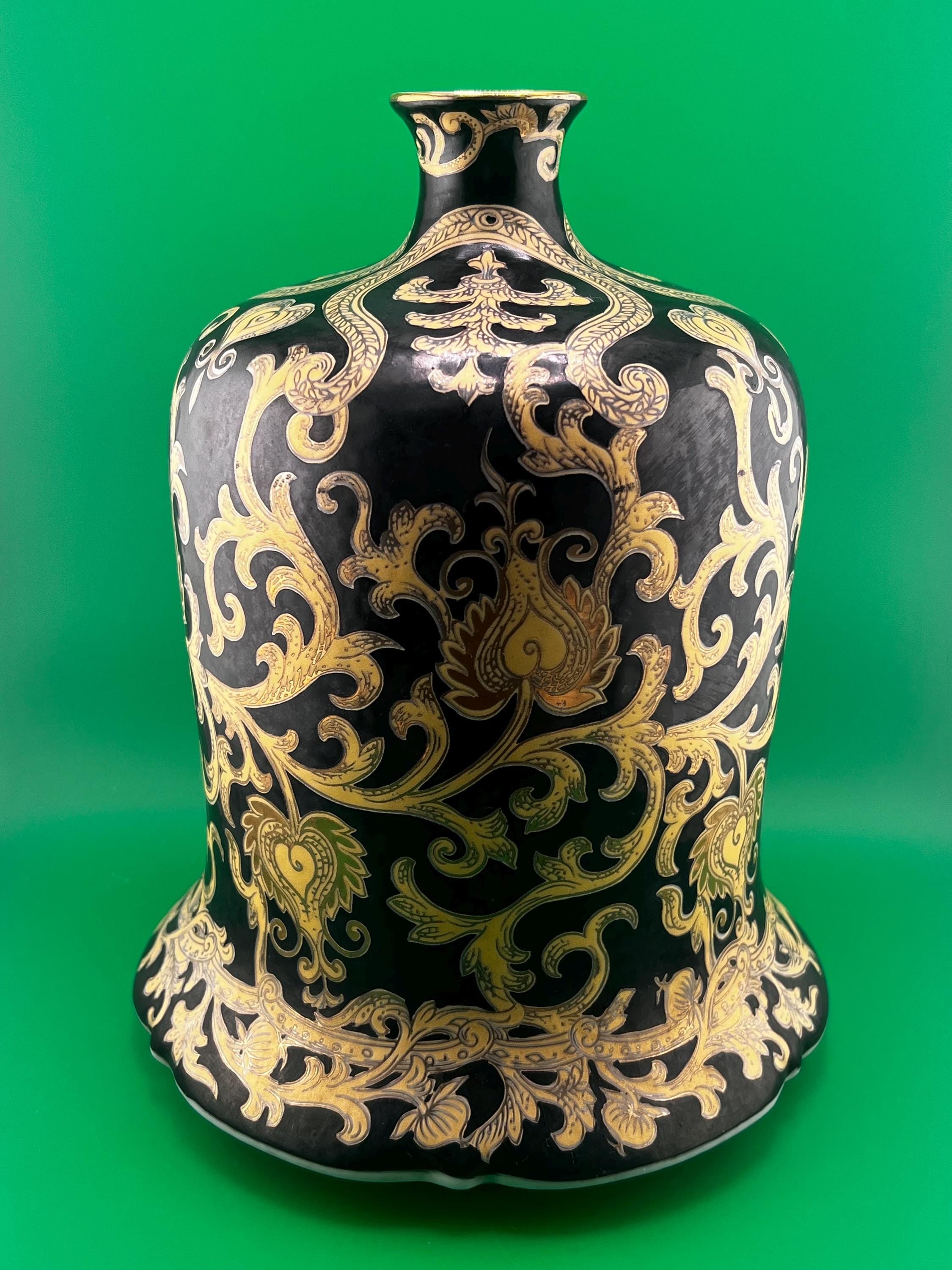 Vintage Baroque Black Gold Ornate Vase 10.5” | Hollywood Regency Florentine Scrollwork Ceramic Urn | Italian Style Decorative Statement Vase