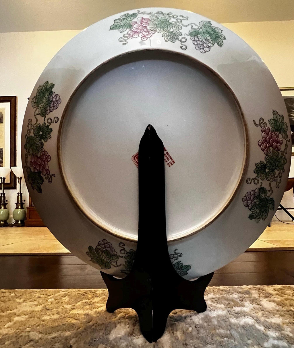 Large Chinoiserie Rooster Statement Plate 18” Hand Painted Chinese Porcelain Chrysanthemum Garden Wall Decor Vintage Asian Decorativ