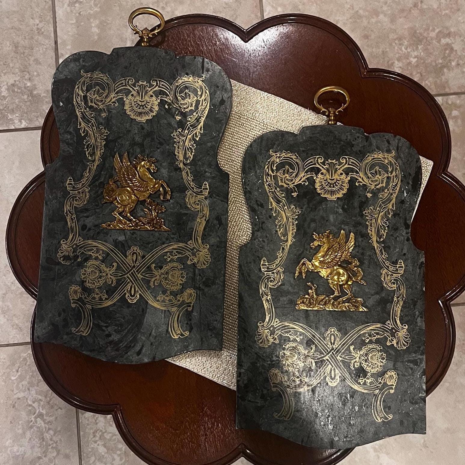 Large Vintage Palladio Florentine Scagliola & Brass Pegasus Wall Plaques Pair Italian Gold Gilt Baroque Mythological Panels 18.5”