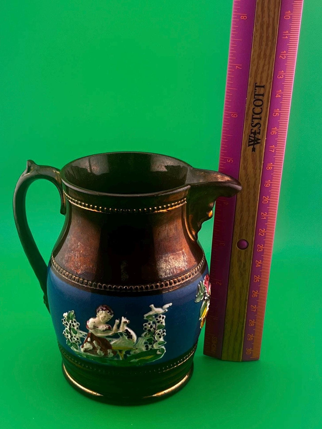 Antique Victorian Copper Luster Jug Pitcher | Staffordshire Relief Figural Creamer | Cobalt Blue Band | 19th Century English Lustreware