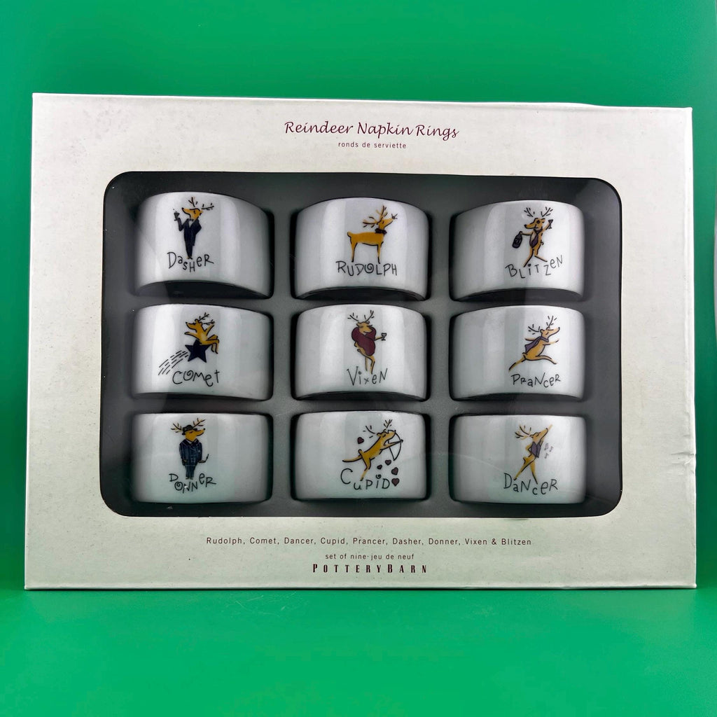 Pottery Barn Reindeer Napkin Rings Set 9 Christmas Holiday Table Decor Rudolph Dasher Dancer Comet Prancer Vixen Donner Blitzen Sealed   Box
